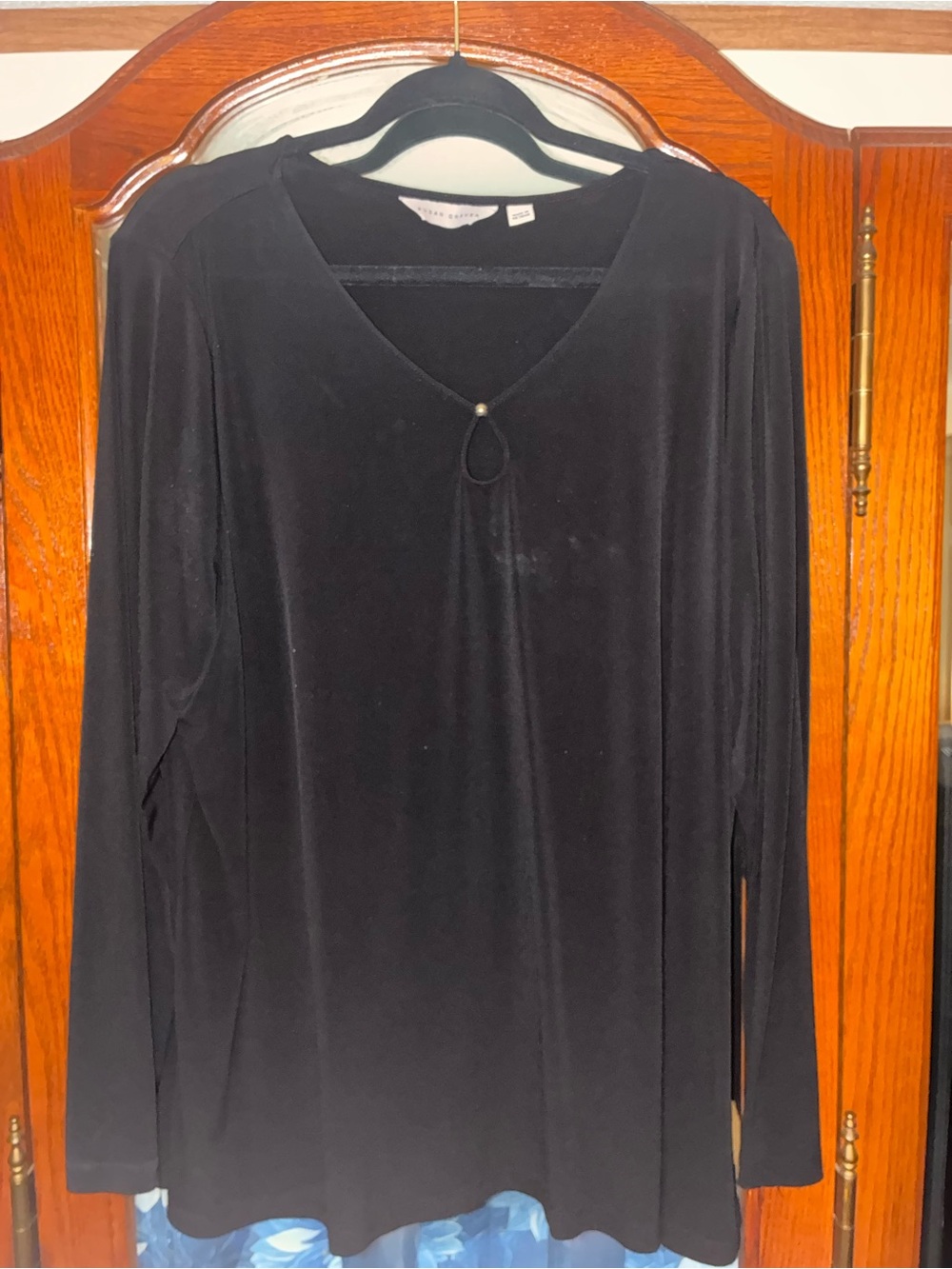 Susan Graver Black Long Sleeve V-Neck Top with Keyhole Accent